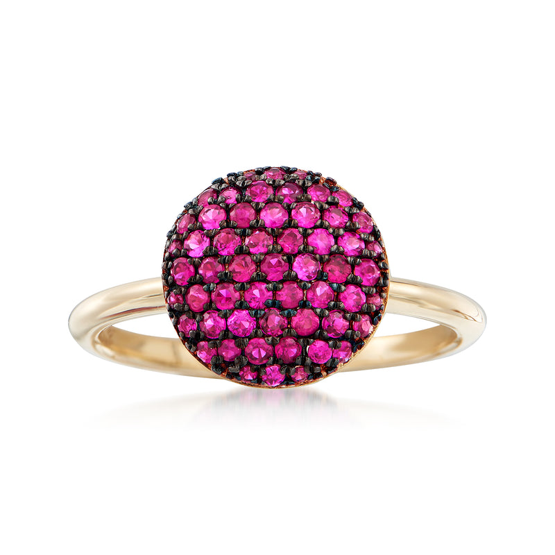 14kt yellow gold ring with round ruby circle cluster center and pink stones