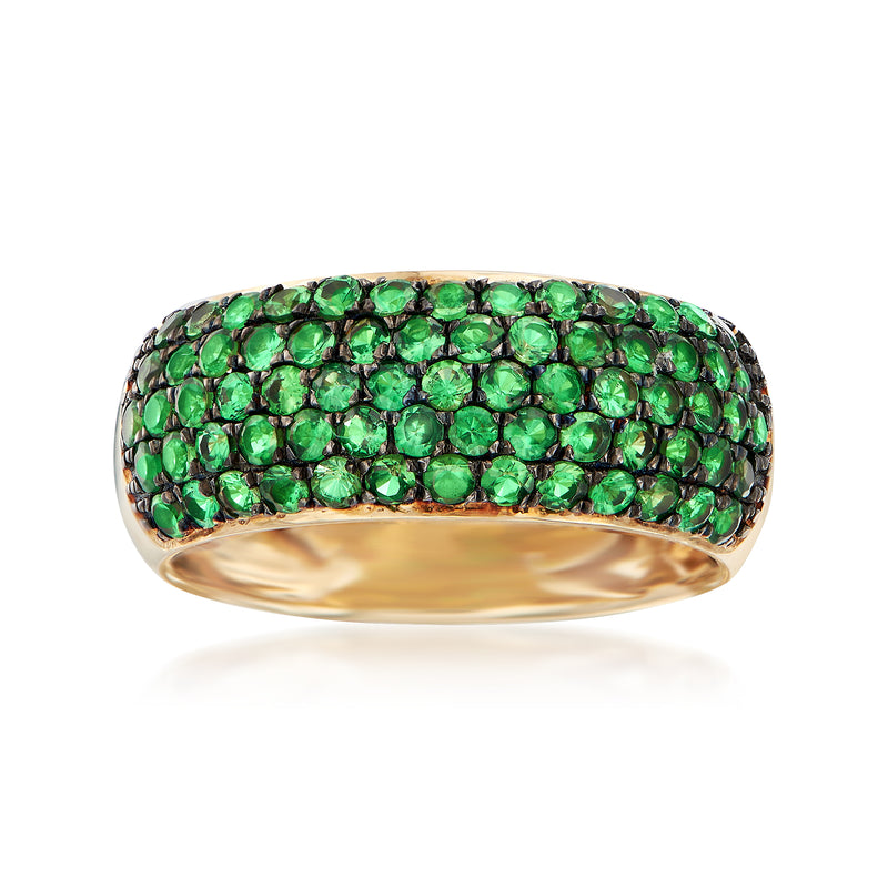 14kt yellow gold tsavorite multi-row band ring with bright green stones