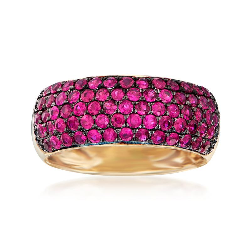 14kt yellow gold ruby multi-row ring with bright pink round stones
