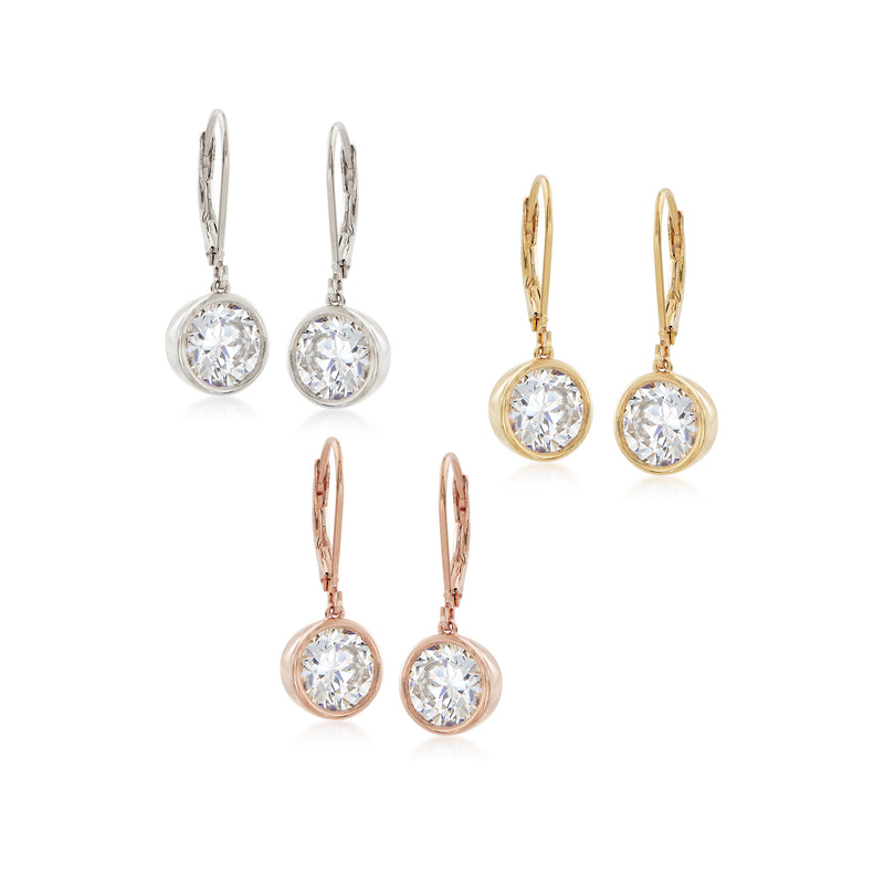 Tri-colored sterling silver CZ earring set, round bezel stones, leverback