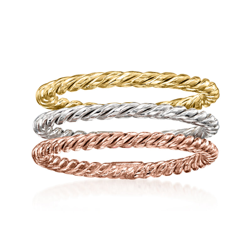 18kt tri-color gold roped rings set of three twisted bands: yellow, white, rose