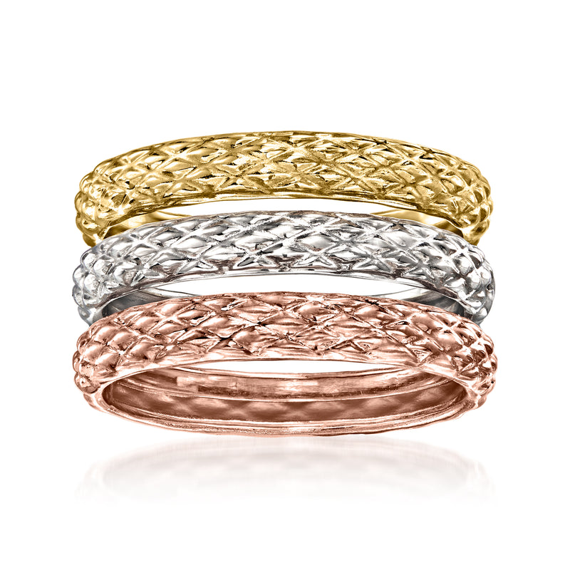18kt tri-colored gold jewelry set of three quilt-textured rings: yellow, silver, rose