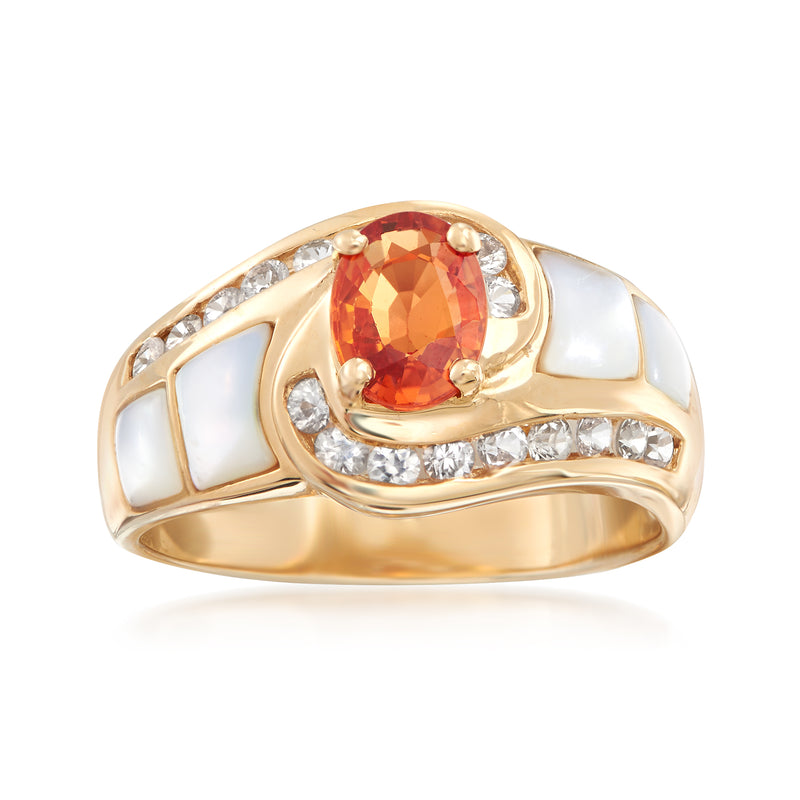 14kt yellow gold ring with oval orange sapphire, white mother-of-pearl insets, and diamond accents
