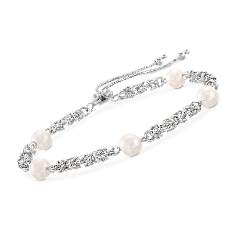 Sterling silver bolo bracelet with Byzantine link chain and 7mm cultured pearl accents