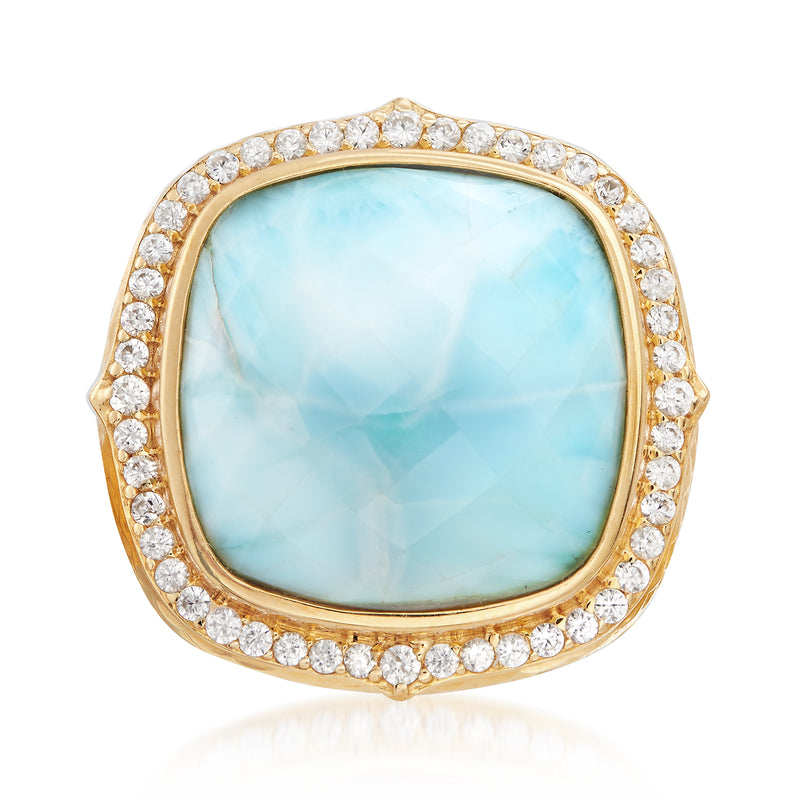 Gold-tone ring with oval light blue stone and round clear stone halo