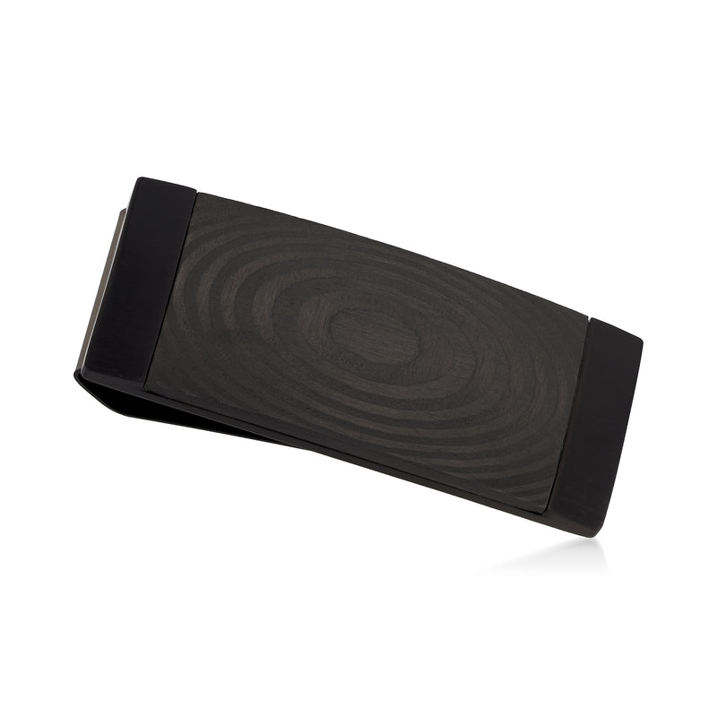 Black stainless steel and carbon fiber money clip with rectangular slim design