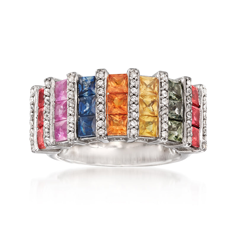 Sterling silver ring with multicolored sapphire baguette stones and white zircons
