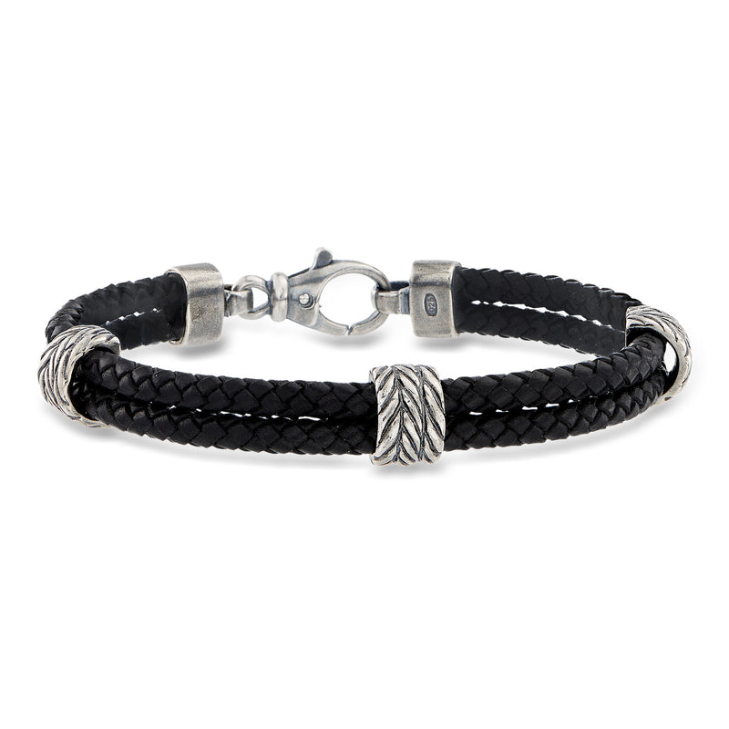 Phillip Gavriel Men's Black Leather Station Bracelet with Sterling Silver. 8.25"