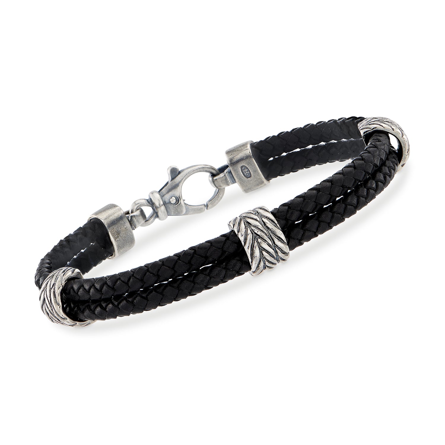 Phillip Gavriel Men's Black Leather Station Bracelet With Sterling Silver