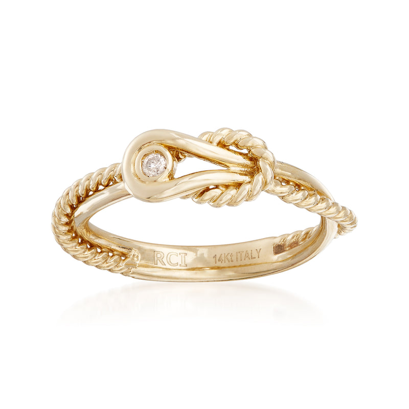 14kt yellow gold double-loop ring with Italian cable texture and diamond center