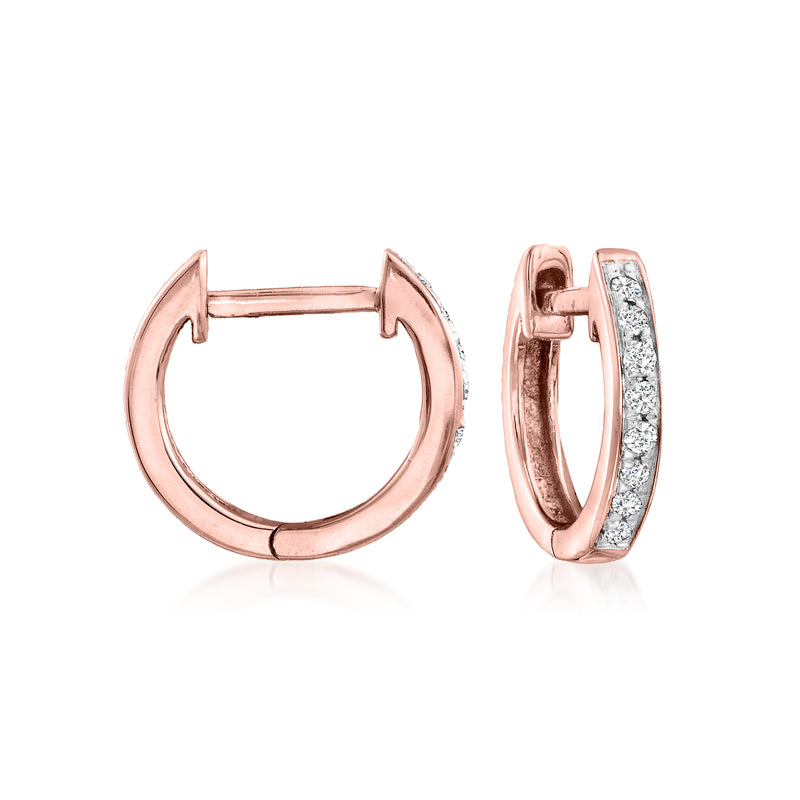 14kt rose gold diamond huggie hoop earrings, small hinged hoops with pave band