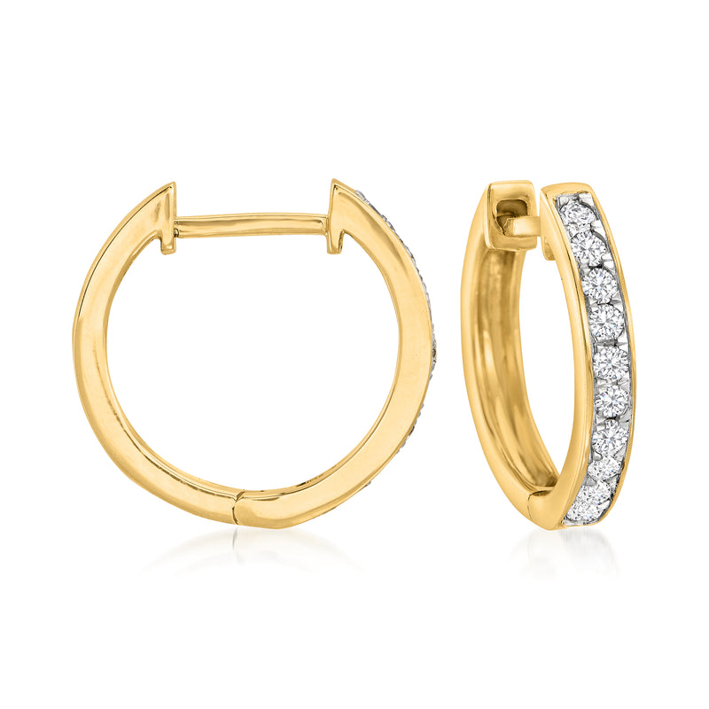 14kt yellow gold diamond huggie hoop earrings, oval hoops with pave stones