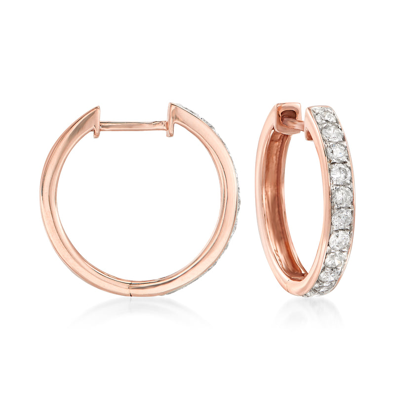 14kt rose gold diamond hoop earrings, front and side view