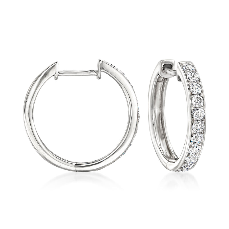 14kt white gold diamond hoop earrings with hinged backs and pavé front
