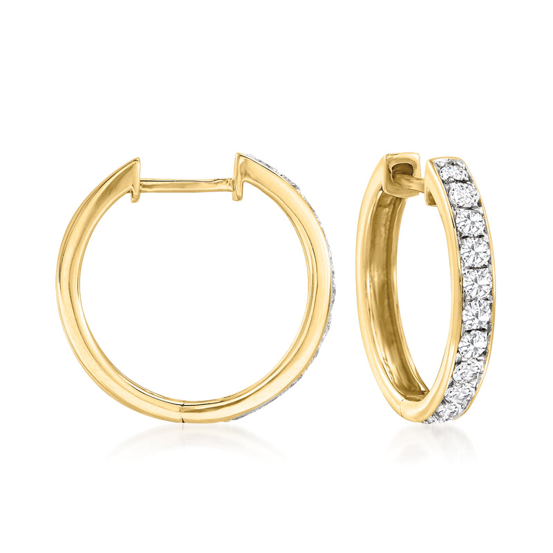 14kt yellow gold diamond hoop earrings, one open and one diamond front view