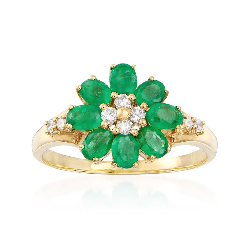18k yellow gold emerald flower ring with round diamond center and side stones