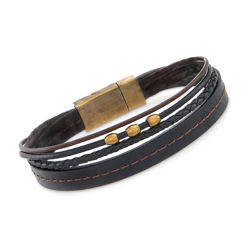 Men's multi-strand leather bracelet with magnetic clasp, dark leather and bronze-toned buckle