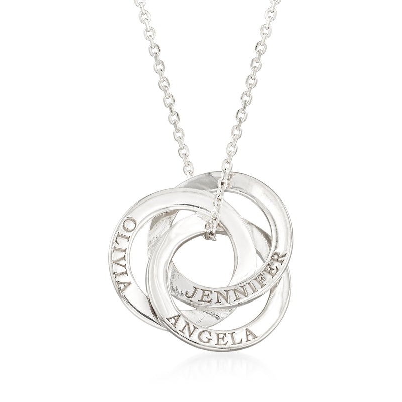Sterling silver personalized interlocking circles pendant with 'JENNIFER' and 'ANGELA'