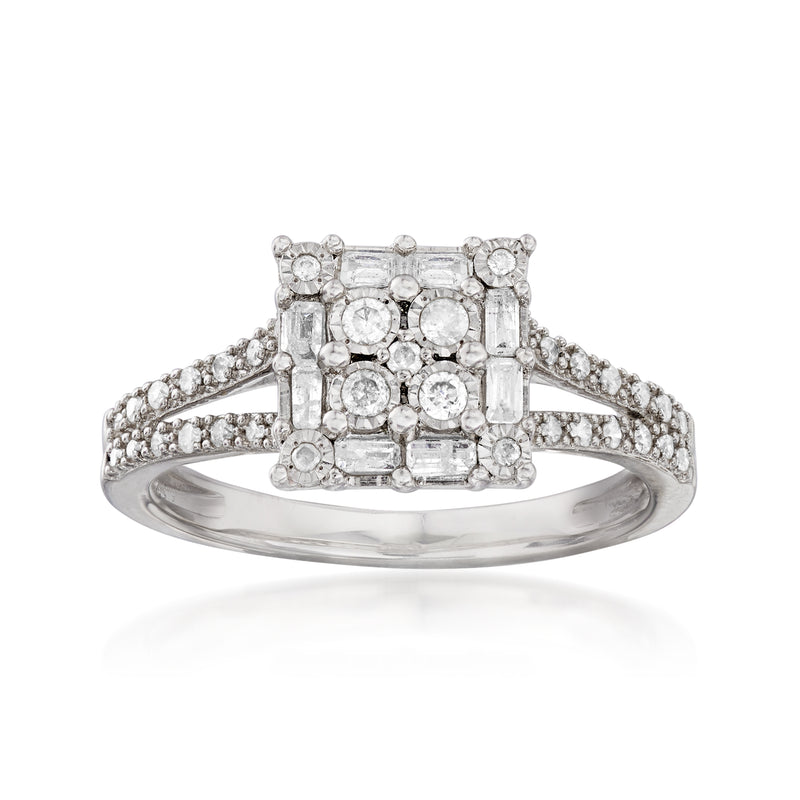 Sterling silver diamond ring with square cluster setting and split shank