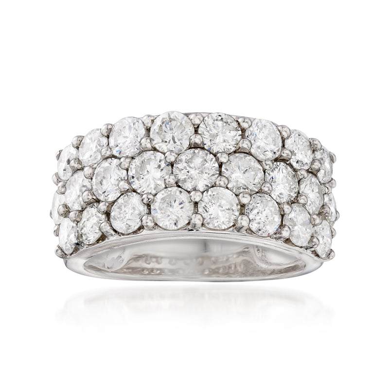 14kt white gold three-row diamond ring with round stones, wide band