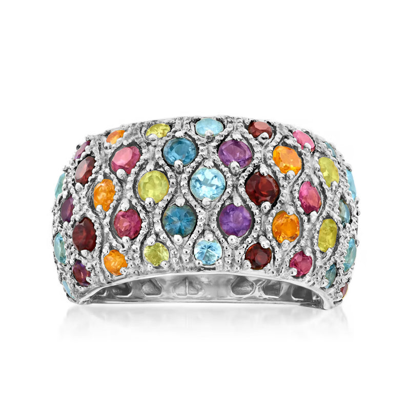 Sterling silver dome ring with multi-color gemstones in openwork bezel setting