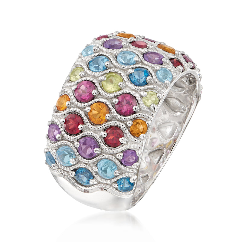 Sterling silver multi-gemstone dome ring with colorful stones, angled side view