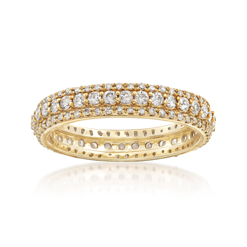 14kt yellow gold eternity band with multi-row round diamonds, domed top
