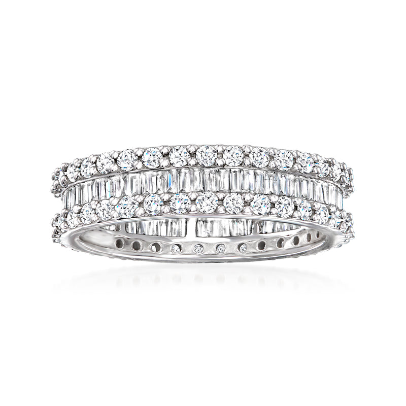 14k white gold diamond eternity band with baguette and round stones, full hoop