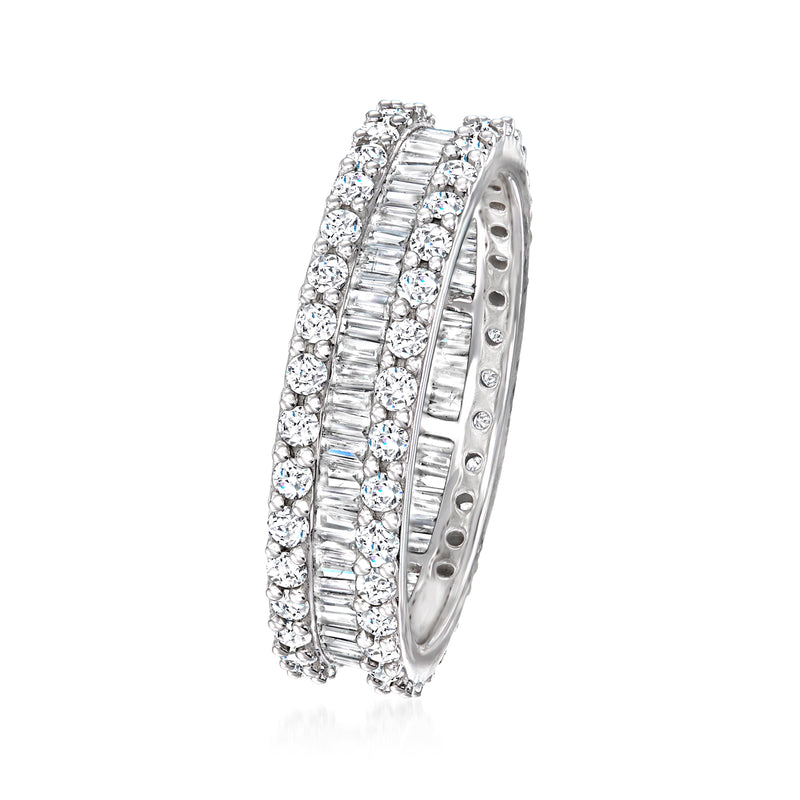 14k white gold diamond eternity band with baguette and round stone rows, side view