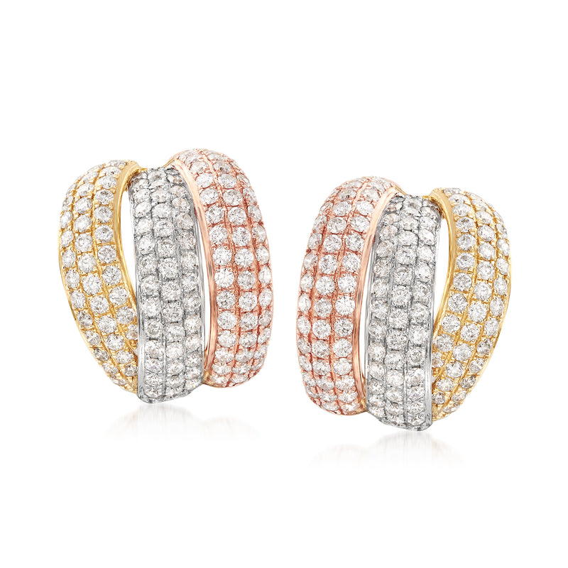 Diamond drop earrings in 14kt tri-colored gold with pavé diamond rows