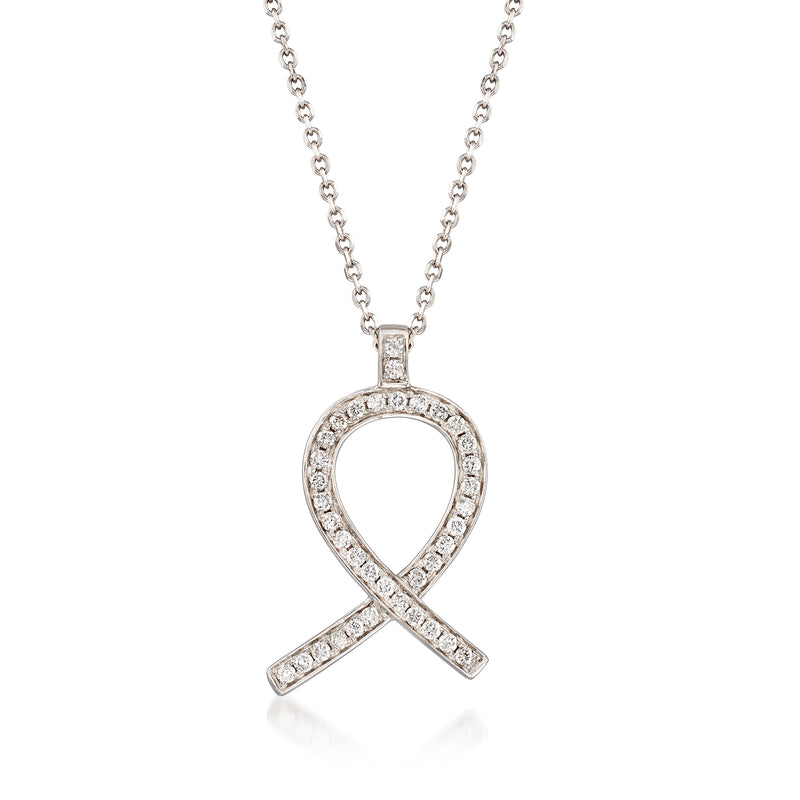 14kt white gold diamond ribbon pendant necklace with heart-shaped pave ribbon