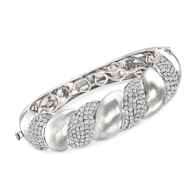Diamond twisted bangle bracelet in 14kt white gold with pavé diamond panels