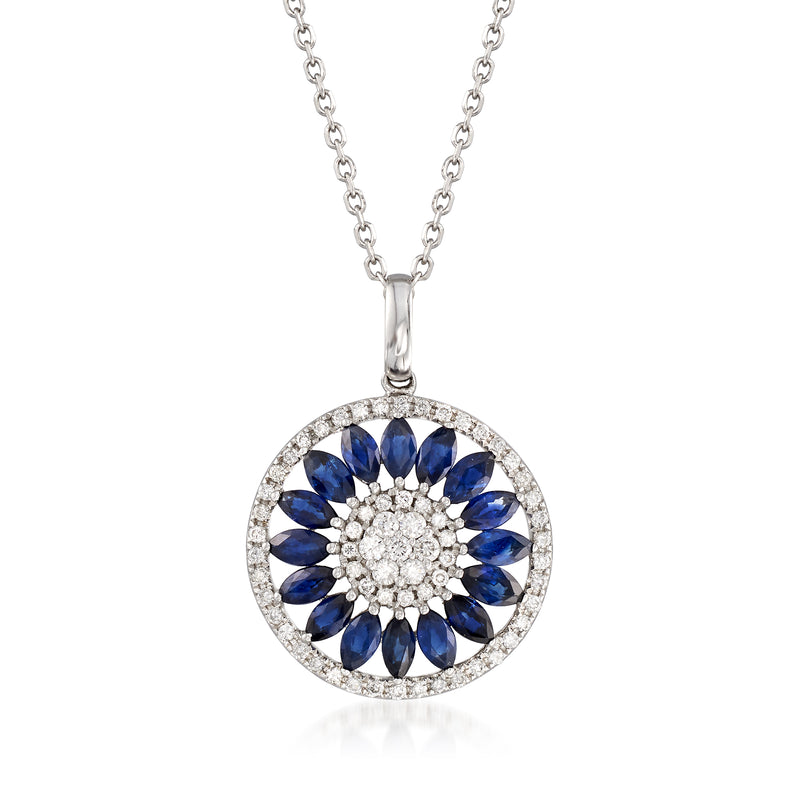 Round sapphire and diamond circle pendant necklace in 14kt white gold with chain