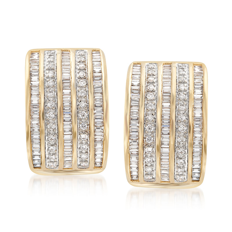 14kt yellow gold diamond multi-row drop earrings, cushion-shaped with baguette and round stones