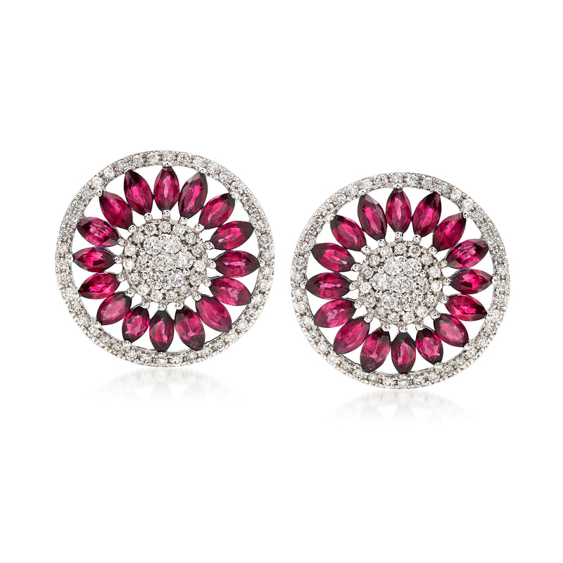 14kt white gold ruby and diamond round halo stud earrings with pink marquise stones
