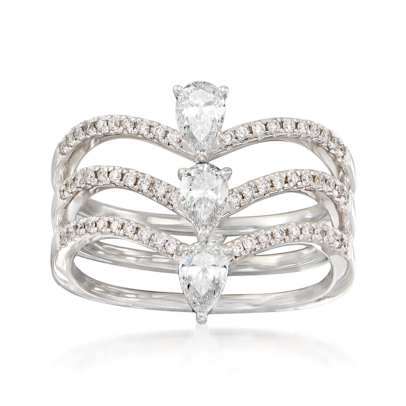 18kt white gold diamond triple-row ring with three large center stones