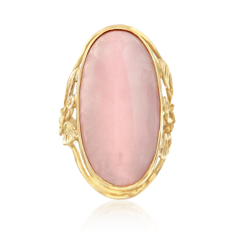 14kt yellow gold oval rose quartz cabochon ring with bezel setting