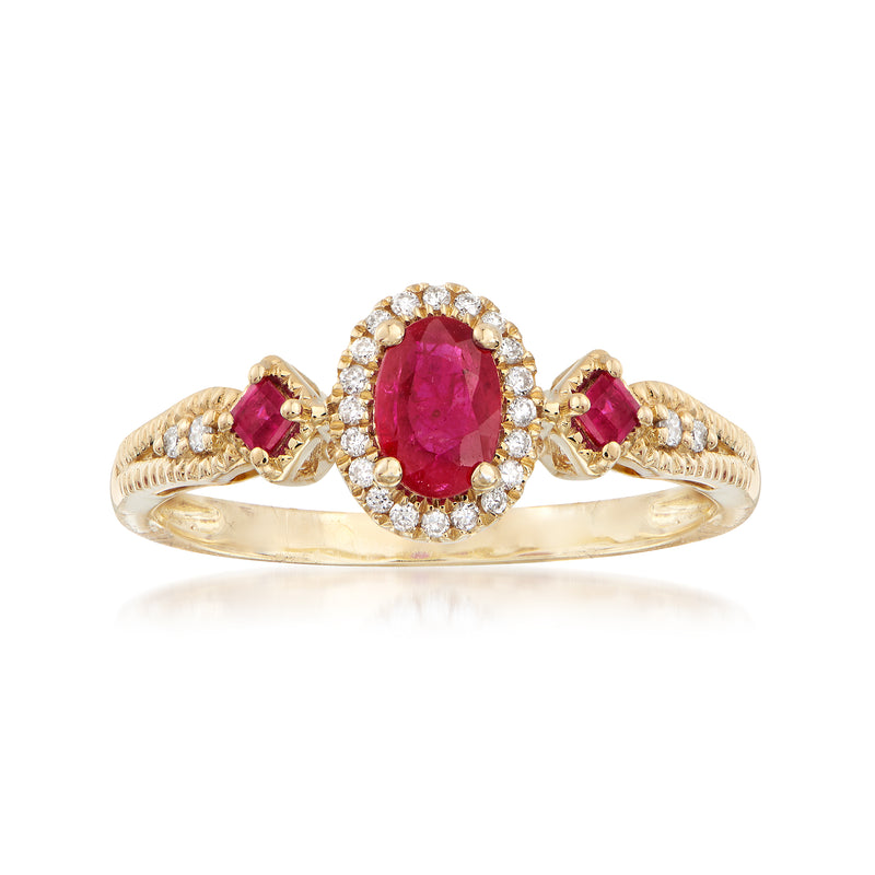 14kt yellow gold halo ring with oval ruby center, small ruby sides, and diamond accents