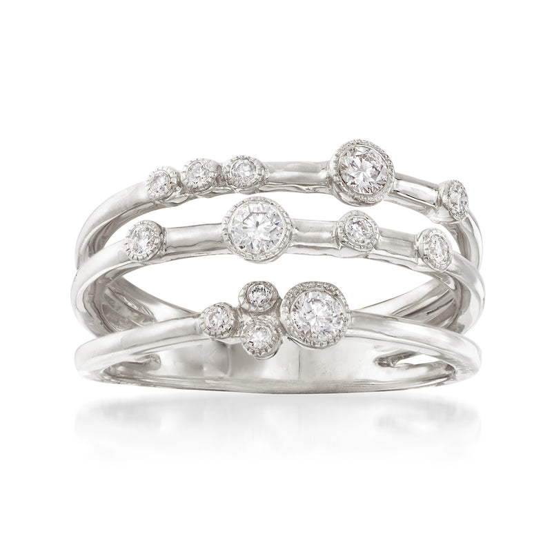 White gold three-row diamond ring with round brilliant stones