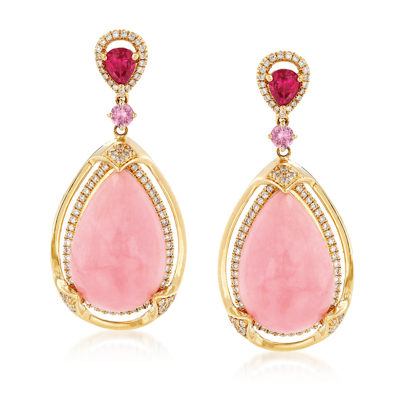 14kt yellow gold pink opal and diamond drop earrings, teardrop drops