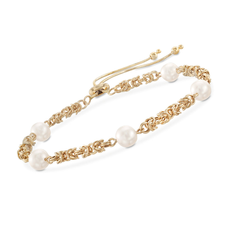 14kt yellow gold bolo bracelet with Byzantine chain links and cultured pearl stations