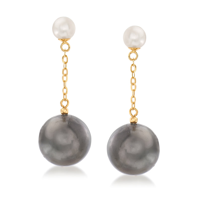 Cultured pearl drop earrings, white top and gray round drops in 14kt yellow gold