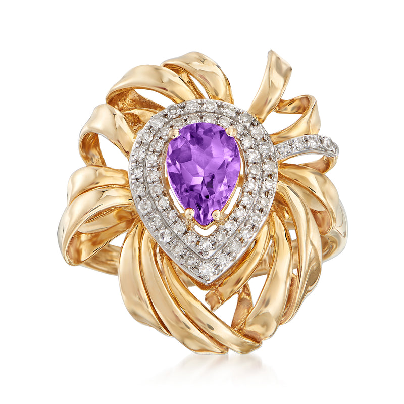 14k yellow gold amethyst and diamond ring with oval purple center and halo