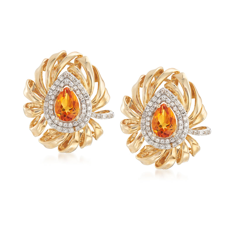 14kt yellow gold earrings with citrine teardrop, diamond halo, and floral drop design
