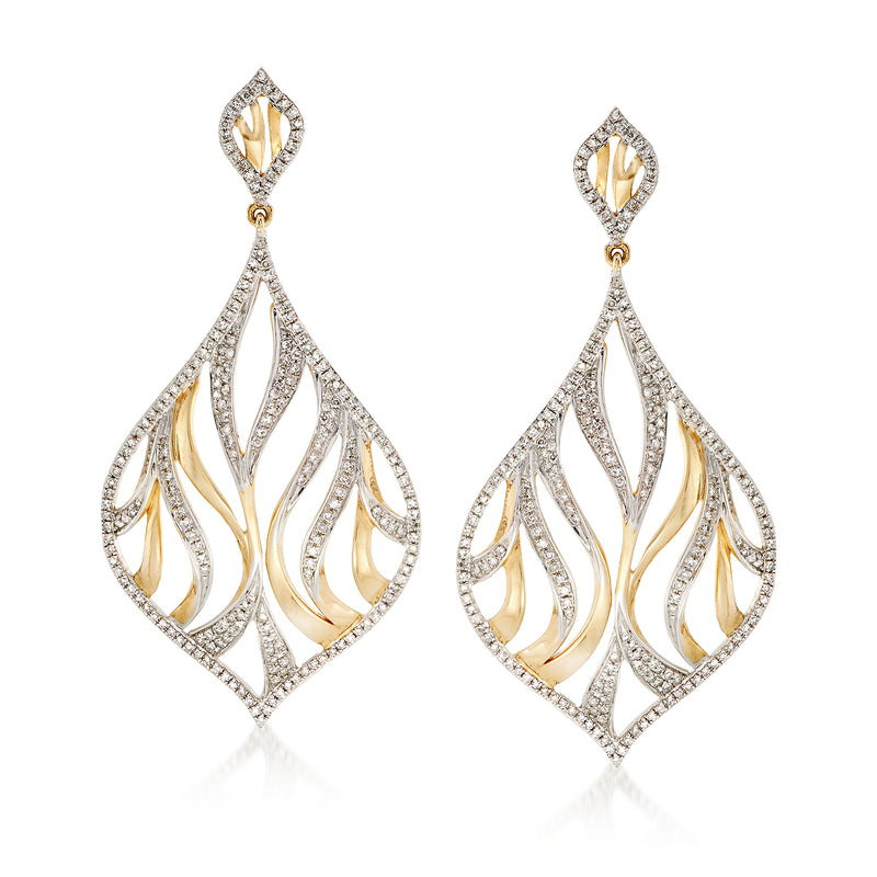 Diamond openwork teardrop post earrings in 14kt yellow gold, dangling filigree