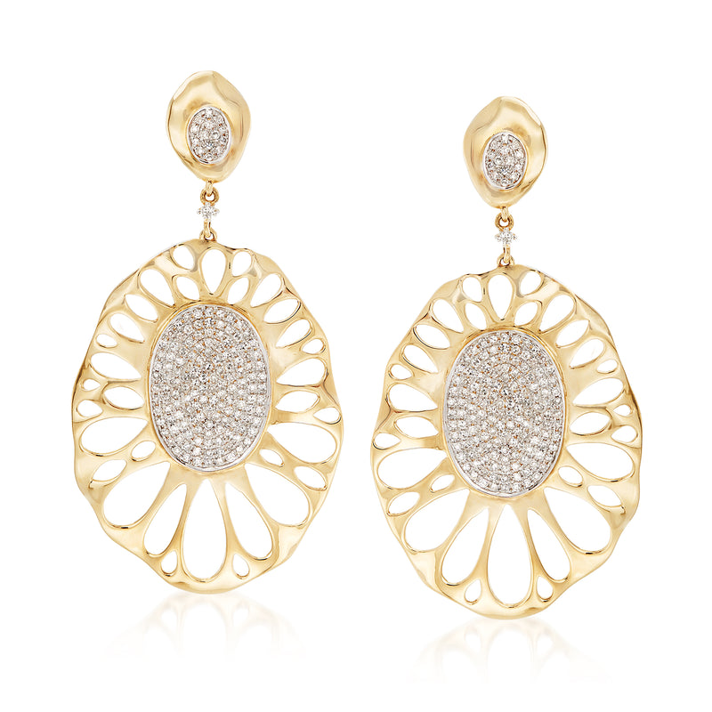 Oval openwork drop earrings in 14kt yellow gold with pavé diamond centers