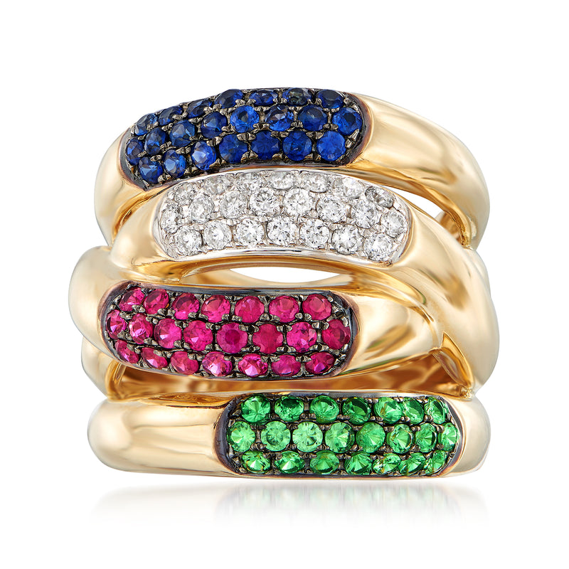 14kt yellow gold multi-stone ring with blue, white, pink and green gem bands