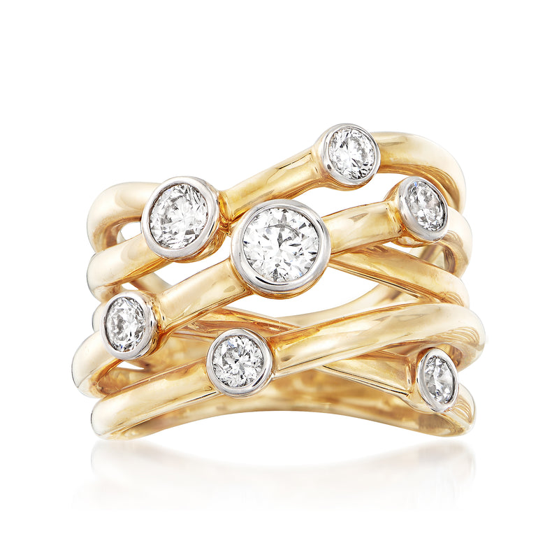 14kt yellow gold crisscross bezel-set diamond ring with round stones, polished band