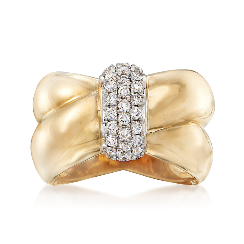 14kt yellow gold twist ring with bezel-set diamond rectangle cluster