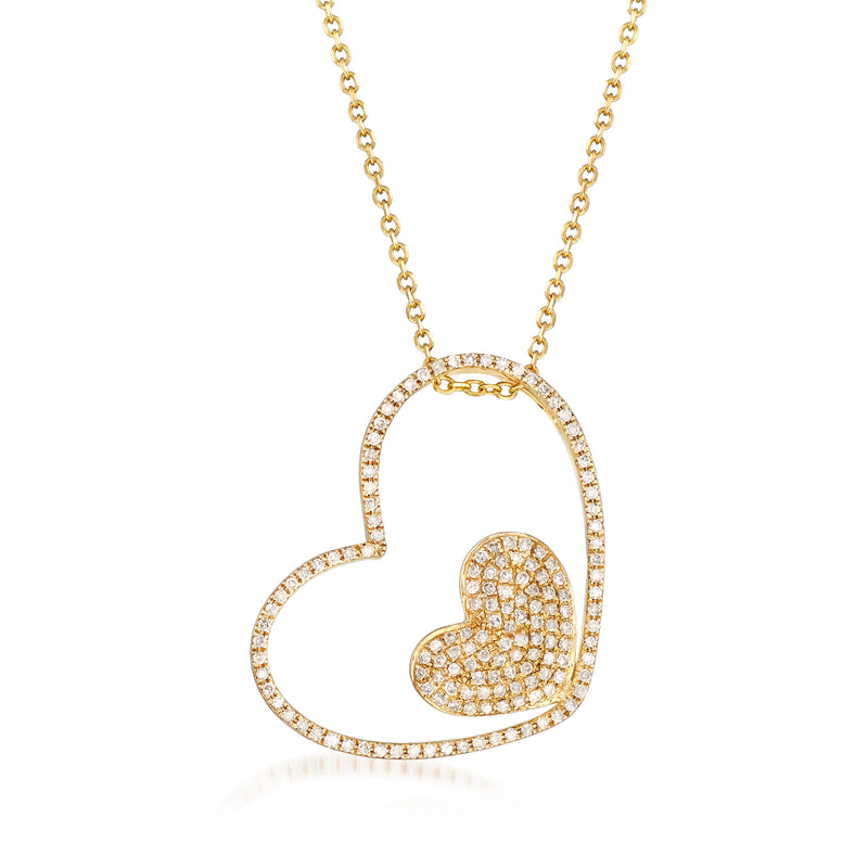 Diamond double heart open-space pendant necklace in 14kt yellow gold